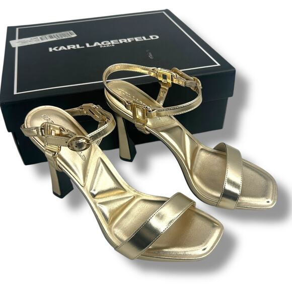 Karl Lagerfeld Gold Strappy Heels Size 8 Metallic Ankle Strap High Stiletto EUC - Picture 6 of 13